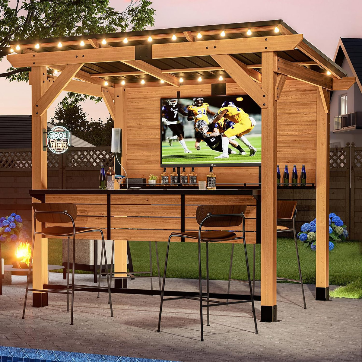 download - 2026-07-17T232335.557 6 Ft. X 8 Ft. Cedar Wood Bar Gazebo With Countertop Shelves & TV Mount - Image 1