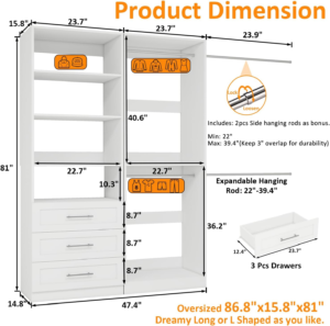 Closet System of 2 Sets with 3 Drawers & 4 Shelves & 4 Hanging Rods, 4FT-10FT Closet Organizer System - Image 7
